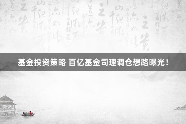 基金投资策略 百亿基金司理调仓想路曝光！