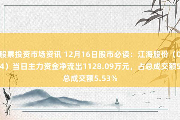 股票投资市场资讯 12月16日股市必读：江海股份（002484）当日主力资金净流出1128.09万元，占总成交额5.53%