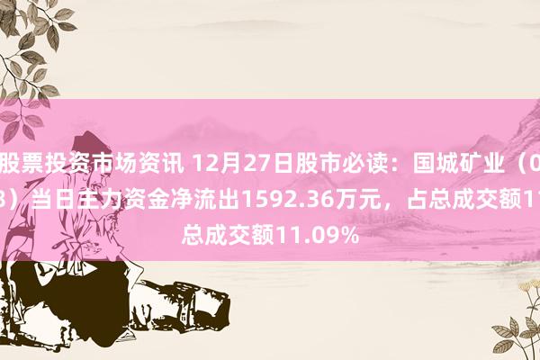 股票投资市场资讯 12月27日股市必读：国城矿业（000688）当日主力资金净流出1592.36万元，占总成交额11.09%