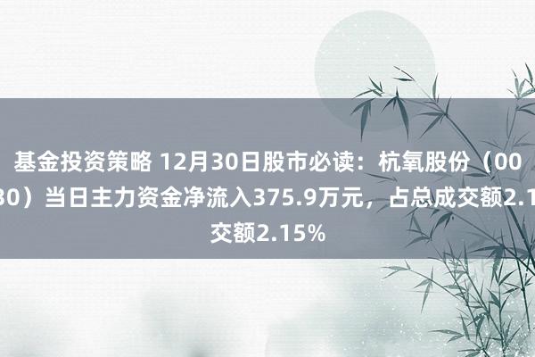 基金投资策略 12月30日股市必读：杭氧股份（002430）当日主力资金净流入375.9万元，占总成交额2.15%