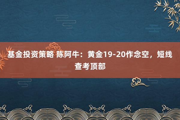 基金投资策略 陈阿牛：黄金19-20作念空，短线查考顶部