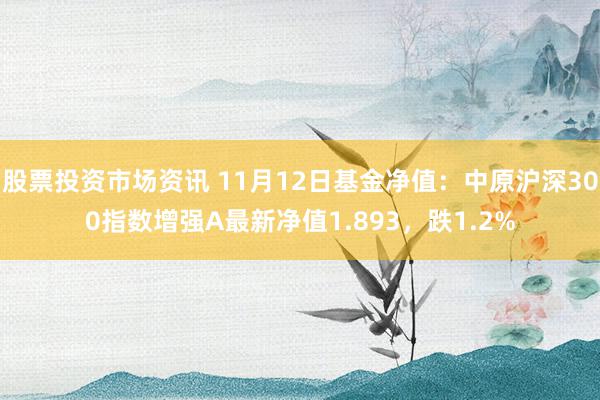 股票投资市场资讯 11月12日基金净值：中原沪深300指数增强A最新净值1.893，跌1.2%