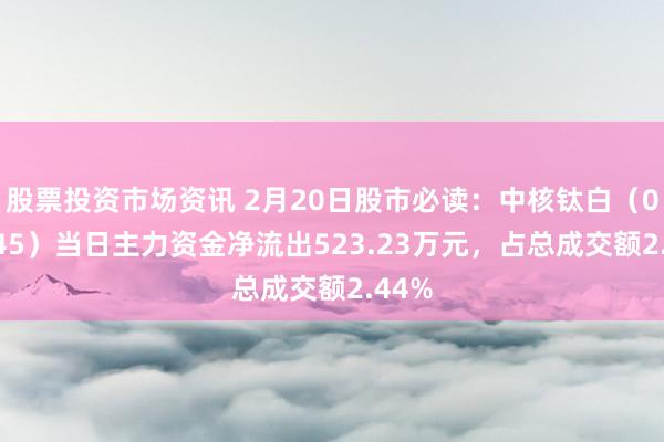 股票投资市场资讯 2月20日股市必读：中核钛白（002145）当日主力资金净流出523.23万元，占总成交额2.44%