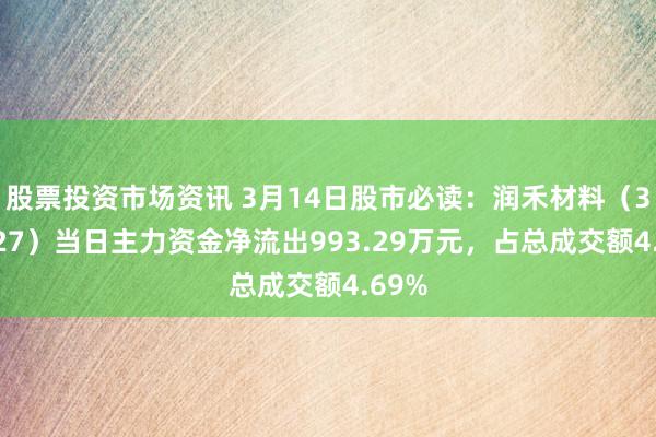 股票投资市场资讯 3月14日股市必读：润禾材料（300727）当日主力资金净流出993.29万元，占总成交额4.69%